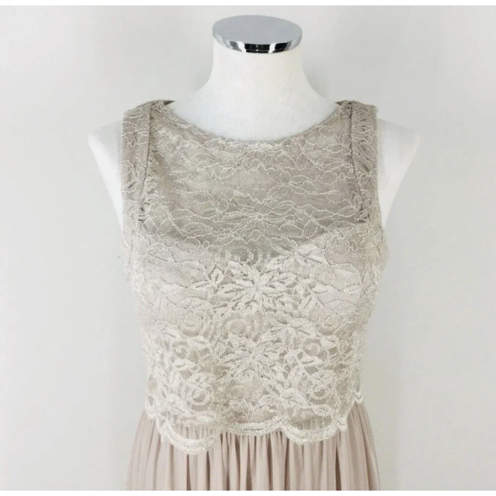 Nightway Champagne Lace Formal Empire Elegant Prom Wedding Dress Gown Size 14P - Picture 3 of 14